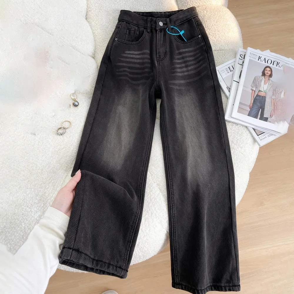Fashion Women Black Grey Jeans Spring Autumn High Waist Gradient Washed Denim Pants Streetwear Casual Straight Loose Trousers