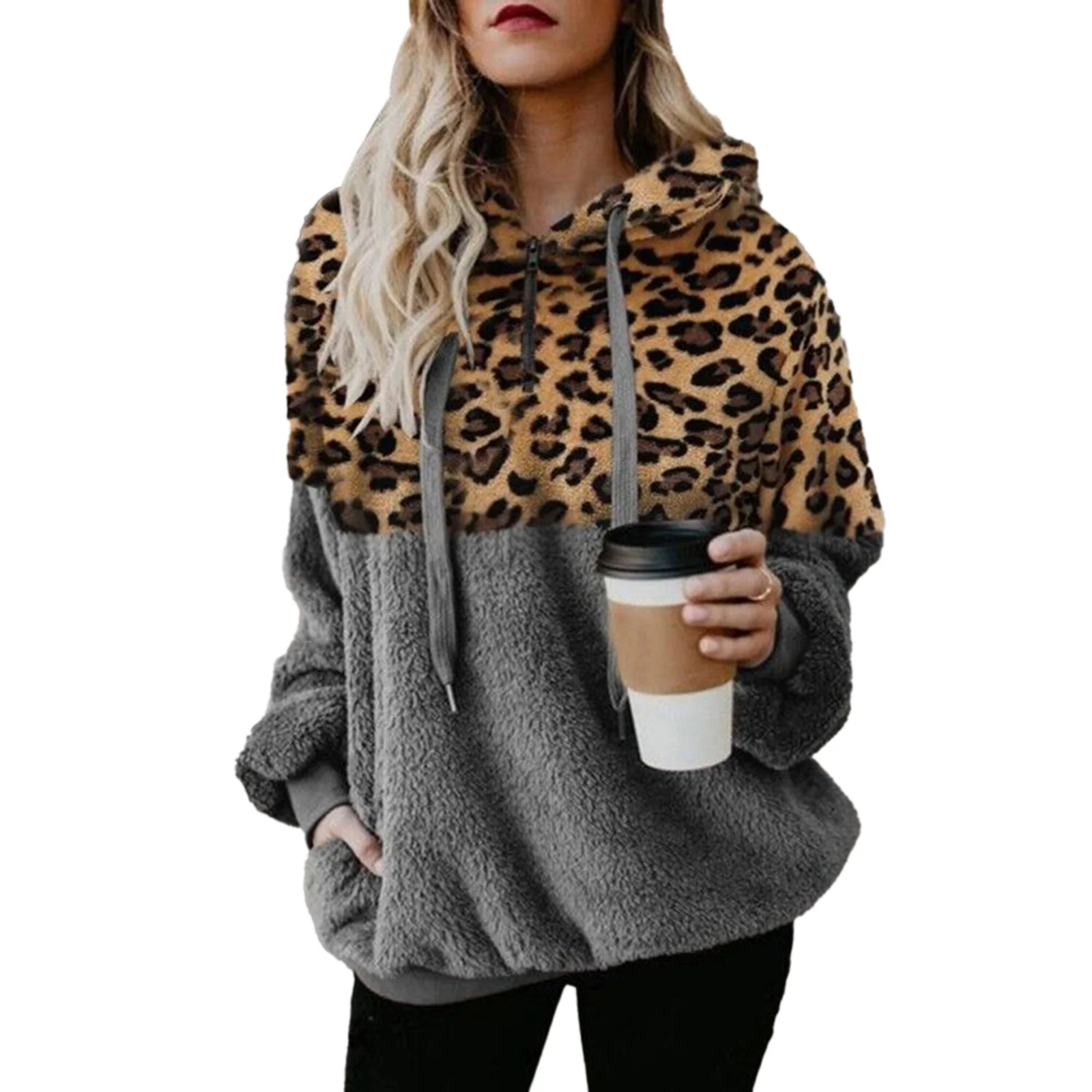 Women Leopard Print Plush Sweatshirt Hoodie With Pockets Drawstring Hood Women\'s Tops