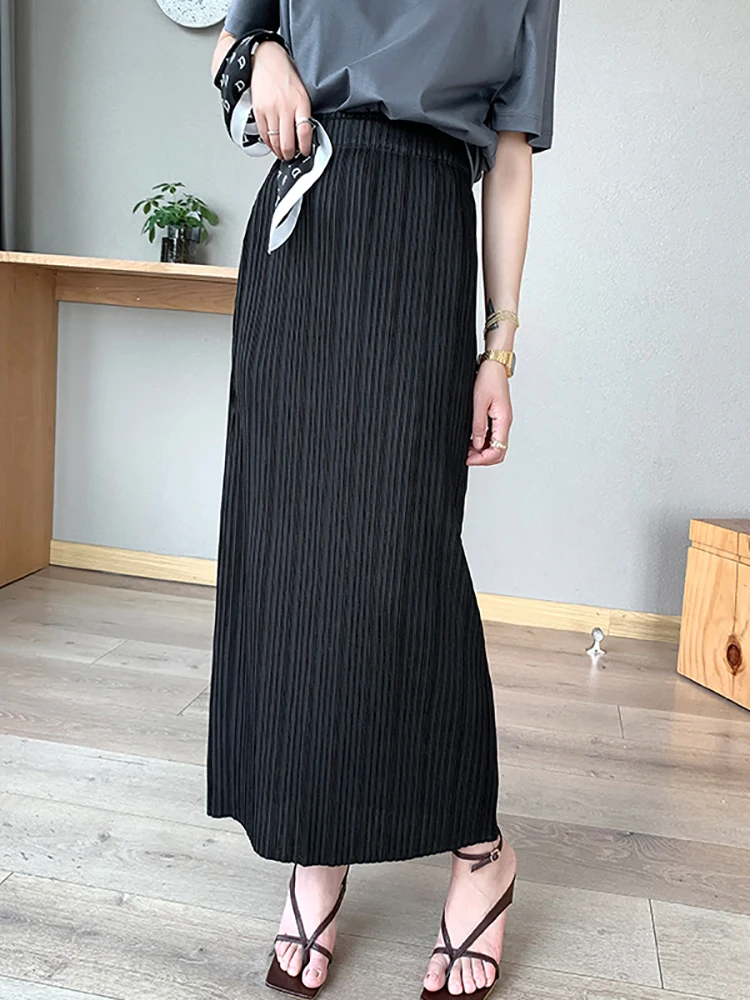 

ALSEY Miyake Pleated Straight Loose Skirt for Womens 2024 Long Streetwear High Waist High Stretch Female Aesthetic Clothing