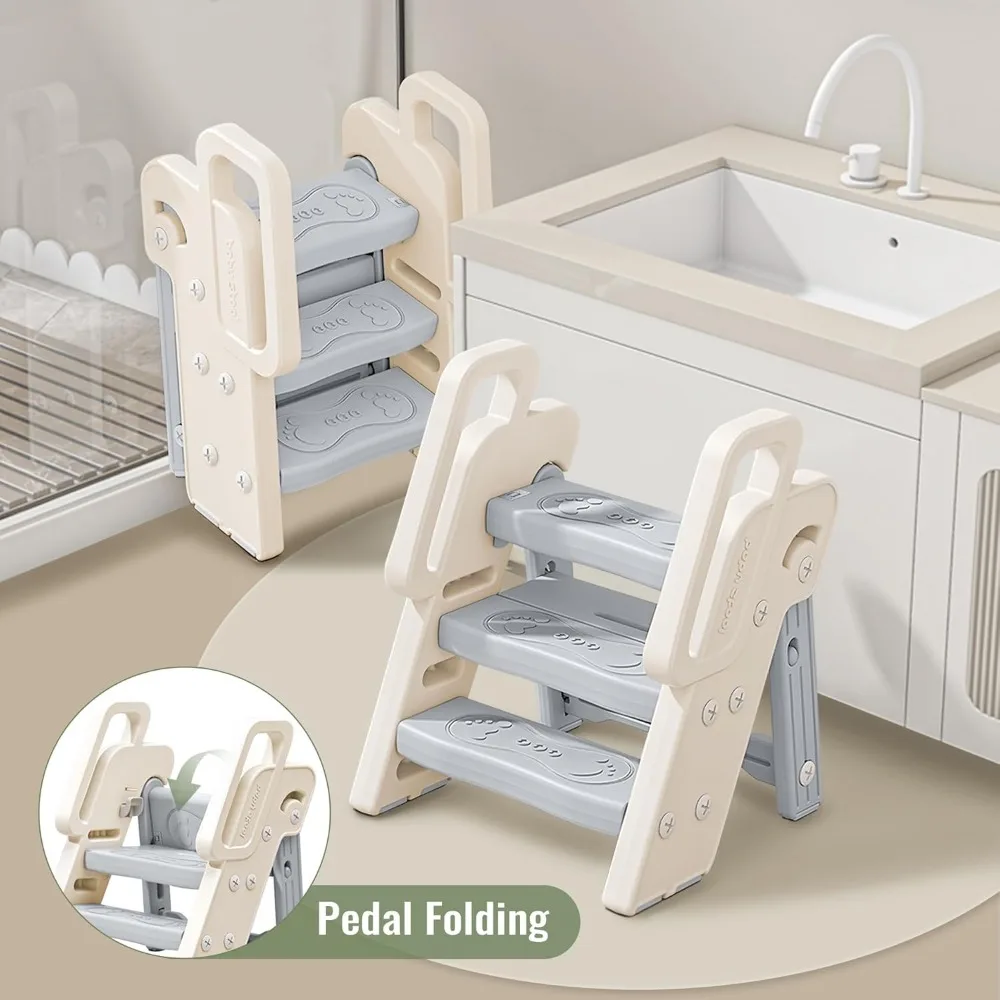 Taburete plegable para niños pequeños, con mango de seguridad mejorado, escalera antideslizante, taburete de mostrador para niños pequeños, utilizado para lavabo de baño