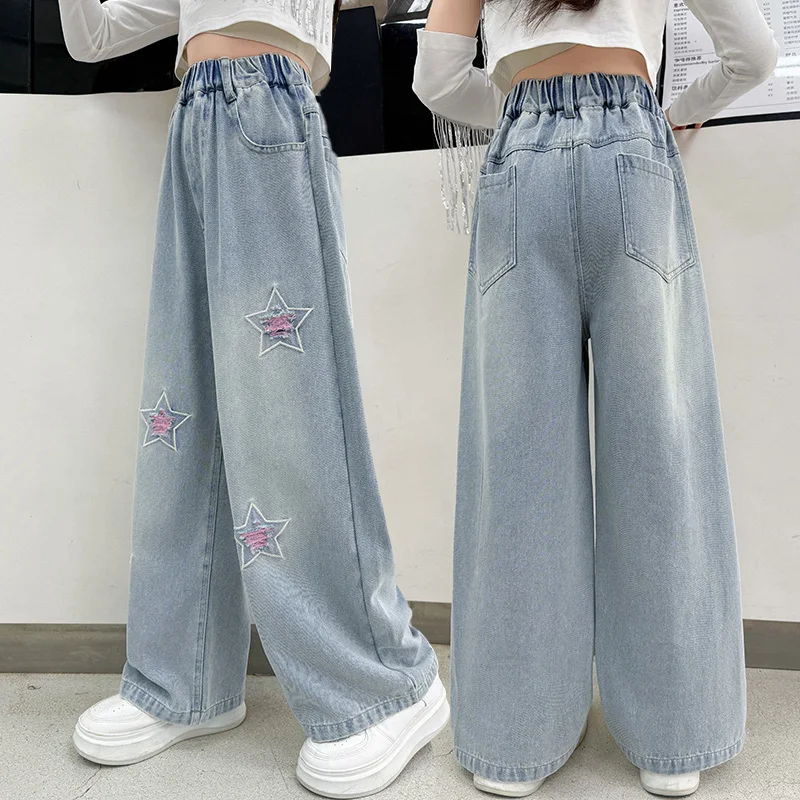 High Street Children Fashion Ripped Jeans With Stars for Teen Girls Loose Straight Blue Denim Pants Kids Stylish Trousers 5-14Y