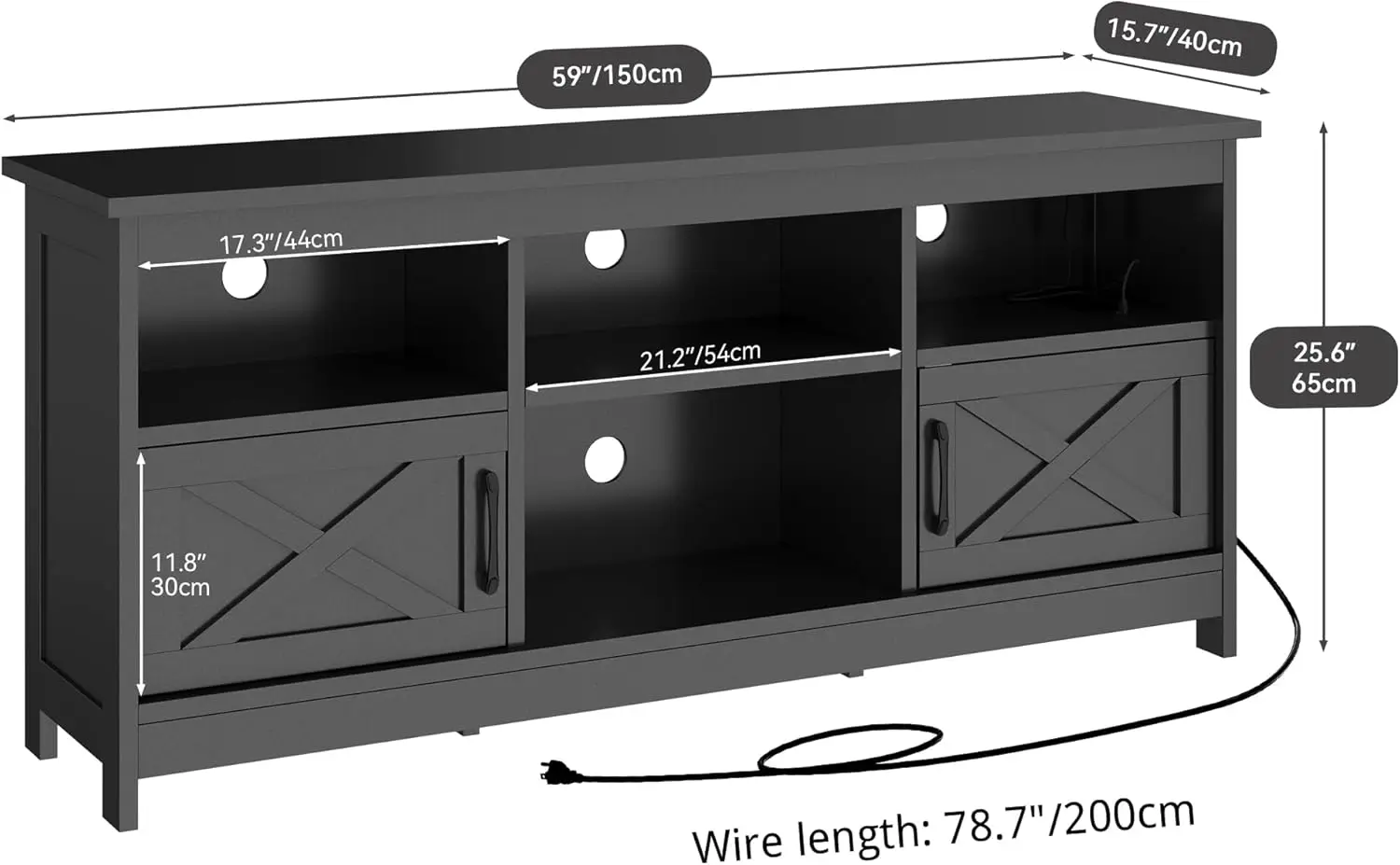 Farmhouse TV Stand with Power Outlet, LED Light Entertainment Center for 65 Inch TVs, TV Cabinet with Storage, Rustic Media Cons