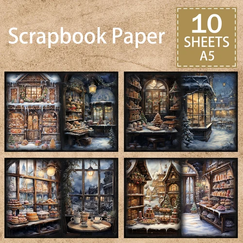 크리스마스 상점 창 빵 도넛 배경 빈티지 그런지 저널 계획 스크랩북, A5 사이즈, 10 장 