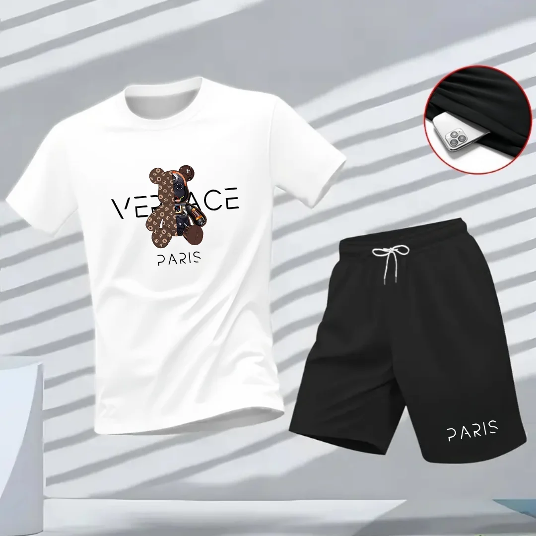 Men's 2-Piece Luxury Bear Print T-Shirt Shorts Set Casual Summer Tracksuit Breathable Short Sleeve T Black Shorts for Streetwear