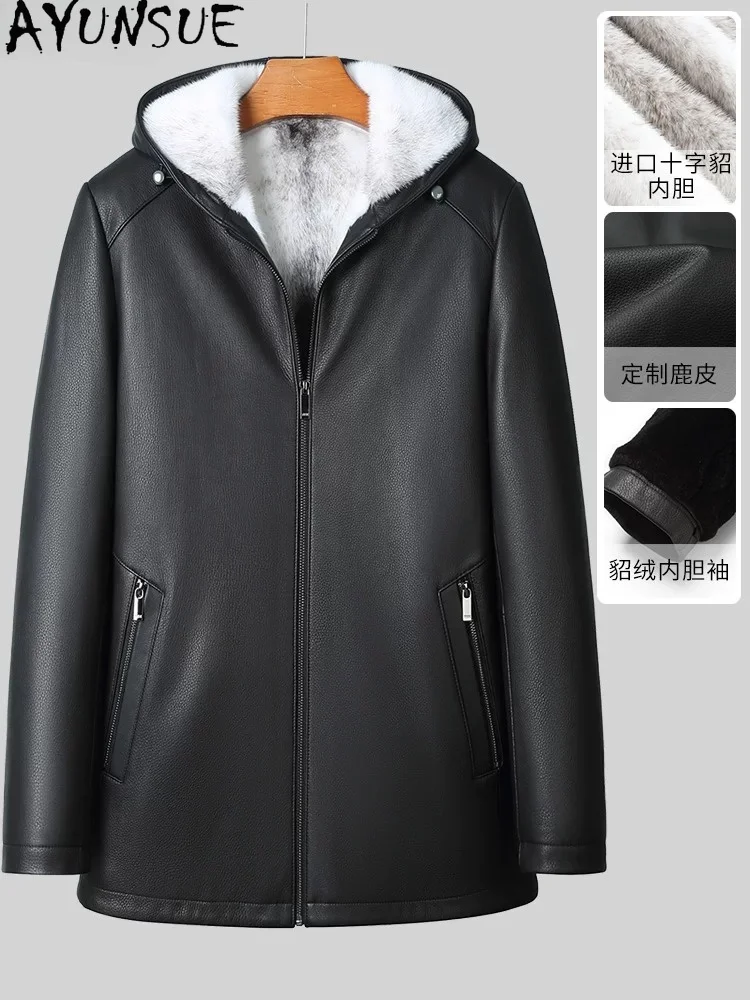 AYUNSUE High-end 100% Natural Fur Coat Man Genuine Deerskin Leather Jacket Men Luxury Cross Mink Fur Liner Parkas Hooded abrigos