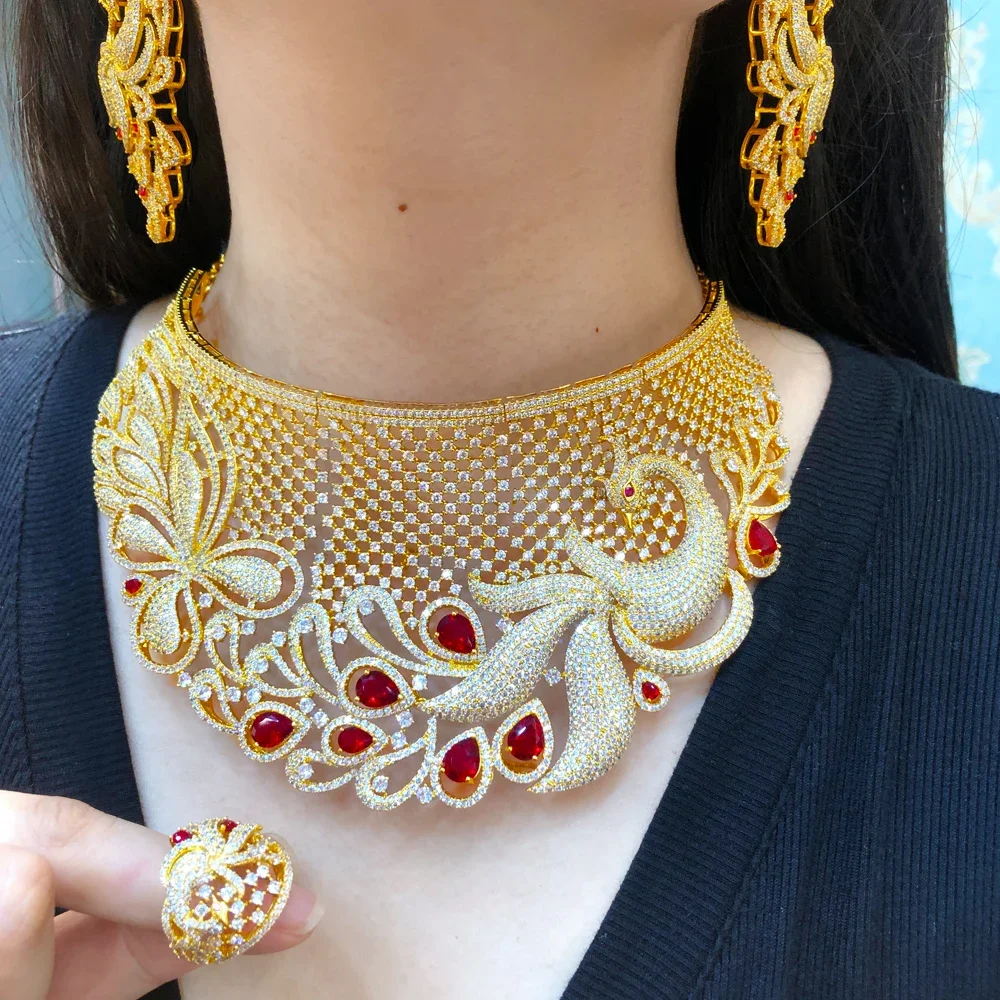 

Kellybola Luxury Big Charm Phoenix 4PCS Necklace Bangle Earrings Ring Jewelry Set For Women Bridal Wedding Party Jewelry