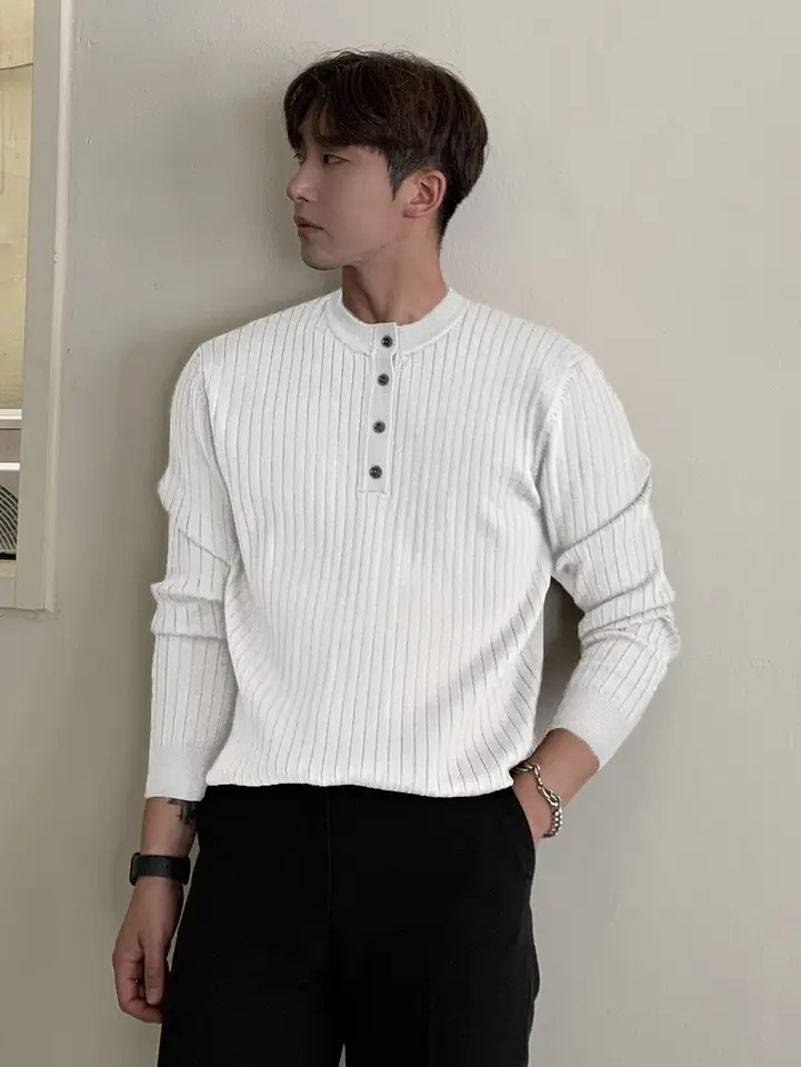 Mens Off White Ribbed Knit Half Button Sweater