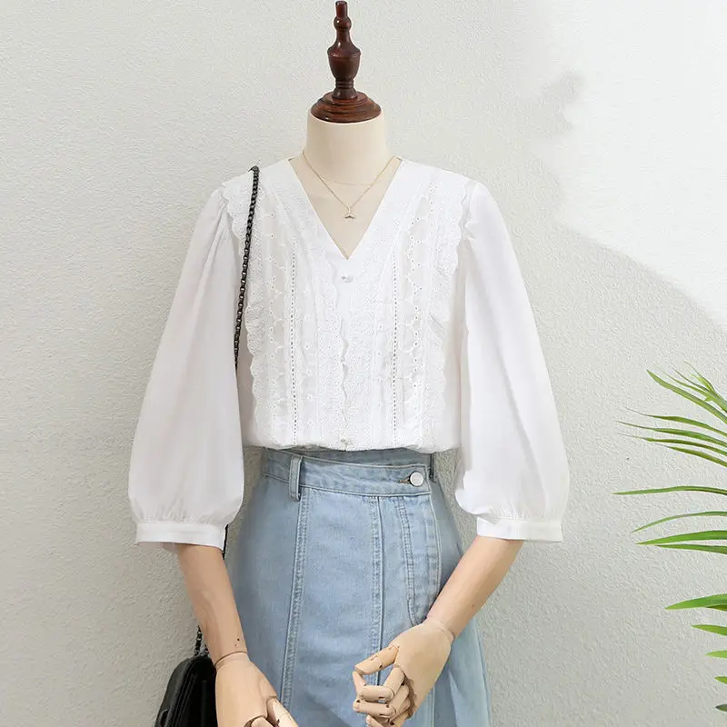 French V-neck Middle Sleeve White Shirt Women Cotton Linen Lace Hollow Out Temperament Blouse Puff Sleeve Pearl Button Unique