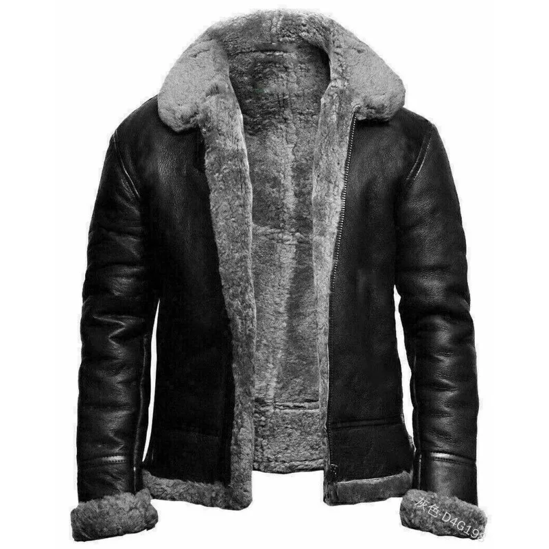 Mens Coat with Zipper and Fur Edge Faux Leather Winter Jacket Plush One Piece Fur Collar Medium Length