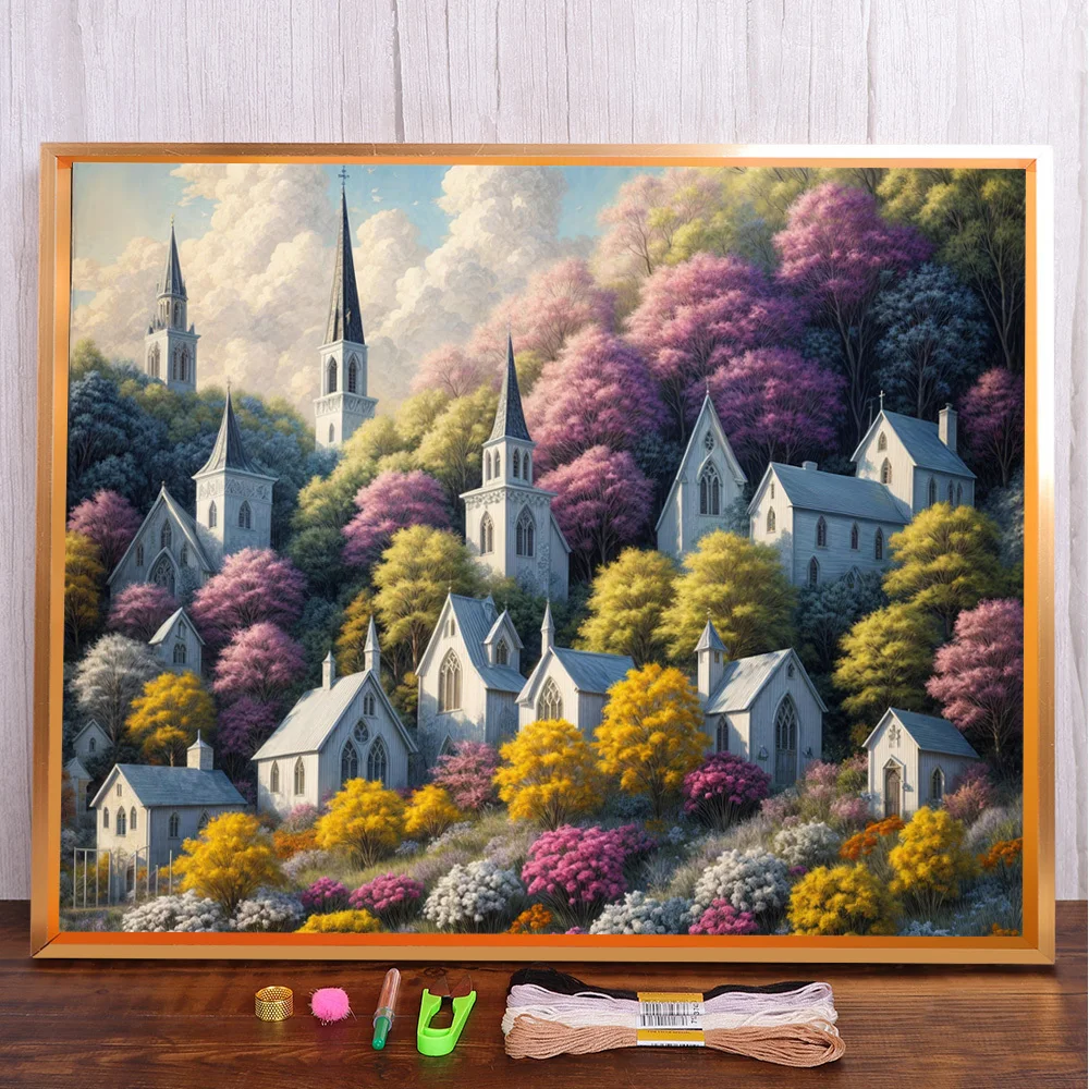 

Landscape House In Forest Pre-Printed Cross-Stitch Embroidery Set Knitting Handicraft Sewing Handmade Design Stamped Floss