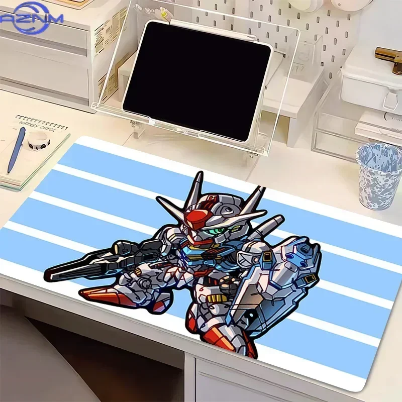 Chibi Gundam Aerial Striped Background Anime Mousepad, Rubber Non‑Slip Large Desk Mat, Cute Mecha Gaming Mouse Pad for Keyboard