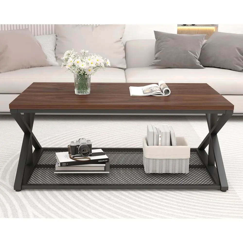 Industrial-Style Walnut 2-Tier Coffee Table with Mesh Shelf, 47 Rectangle, Storage Space for Living Room
