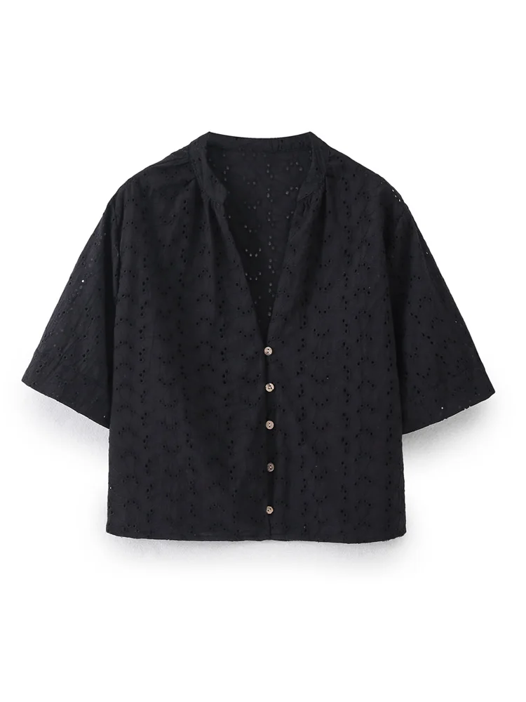 KAOPU ZA Women with cutwork embroidery cropped shirt and high waist side pocket pants two pieces sets mujer