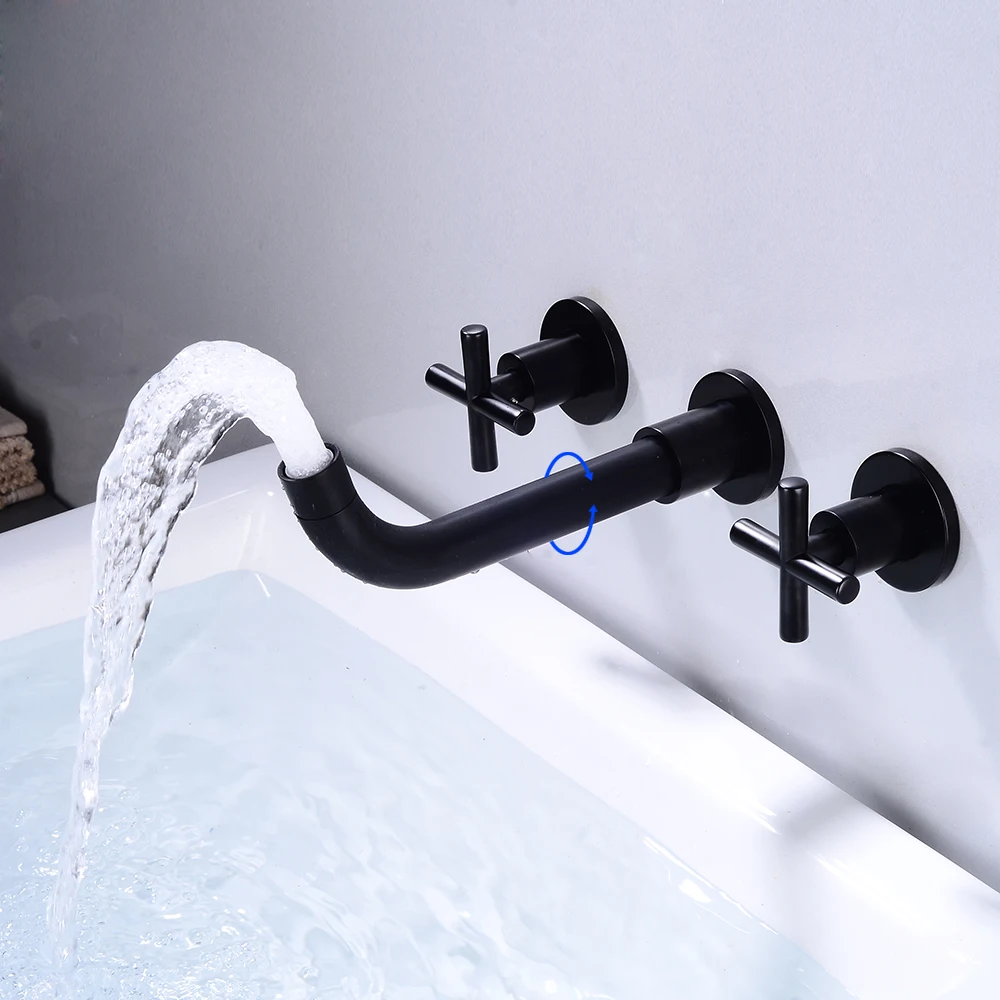 Free Shipping Black Brass Double Handle Wall Mounted Bathroom Sink Mixer Hot & Cold Basin chromeTap Faucet