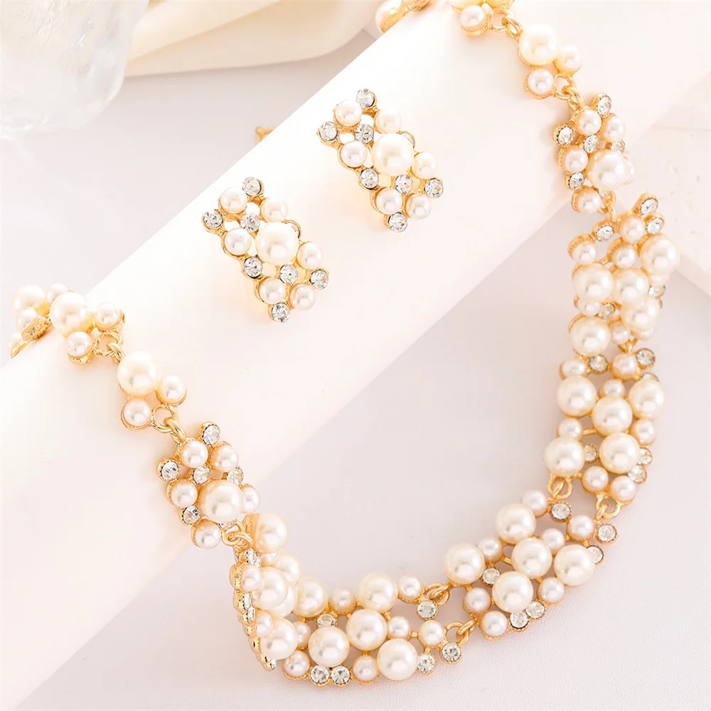 3 Pcs Rhinestone Imitation Pearl Earrings Necklace Set Two-piece Vintage Choker Accessory Light Luxury Jewelry Sets Wedding