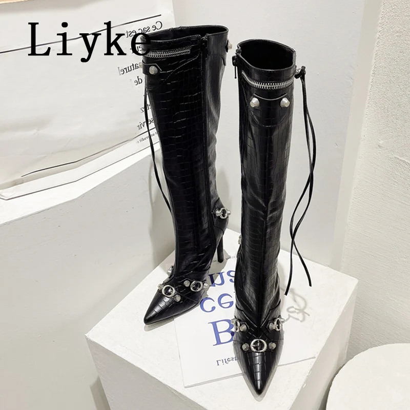 Liyke 2024 New Sexy Pointed Toe Knee High Boots Women Pole Dance Stiletto Heels Pumps Fashion Tassel Zip Rivet Winter Long Shoes