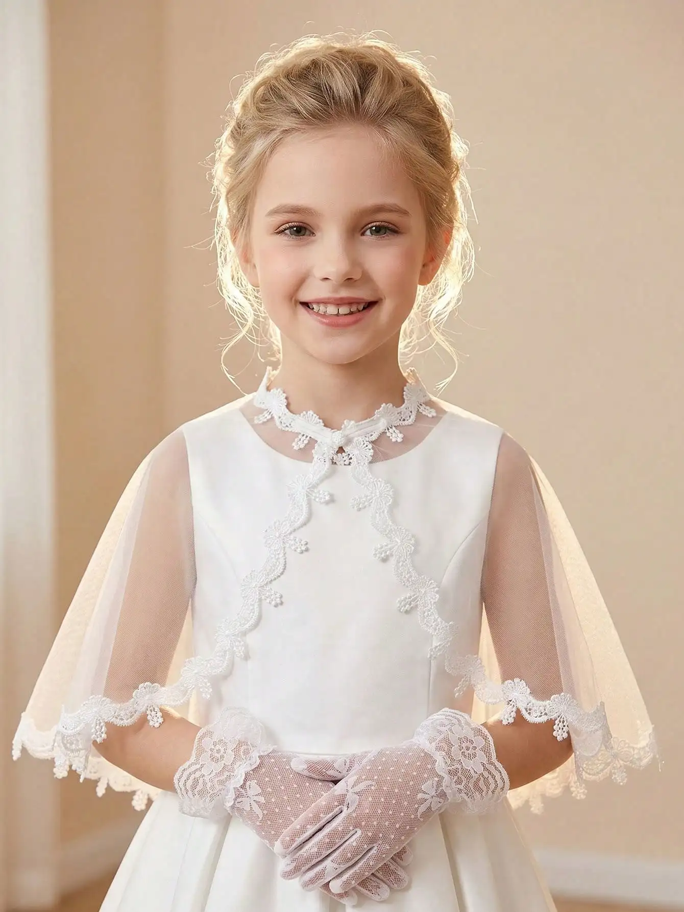 Immagine 7: Set di 2 Pezzi per Bambine 3-8 Anni: Sciarpa Bianca da Principessa + Guanti in Pizzo con Fiocco, Accessori per Matrimoni, Feste e Servizi Fotografici