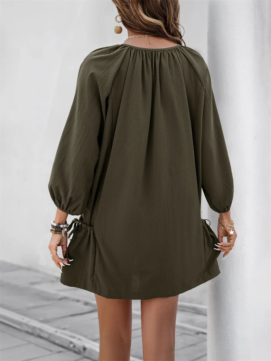 Benuynffy Solid Notch Neck Button Front Loose Dress Women 2025 Spring Summer Drawstring Pockets Casual Mini Shift Dresses