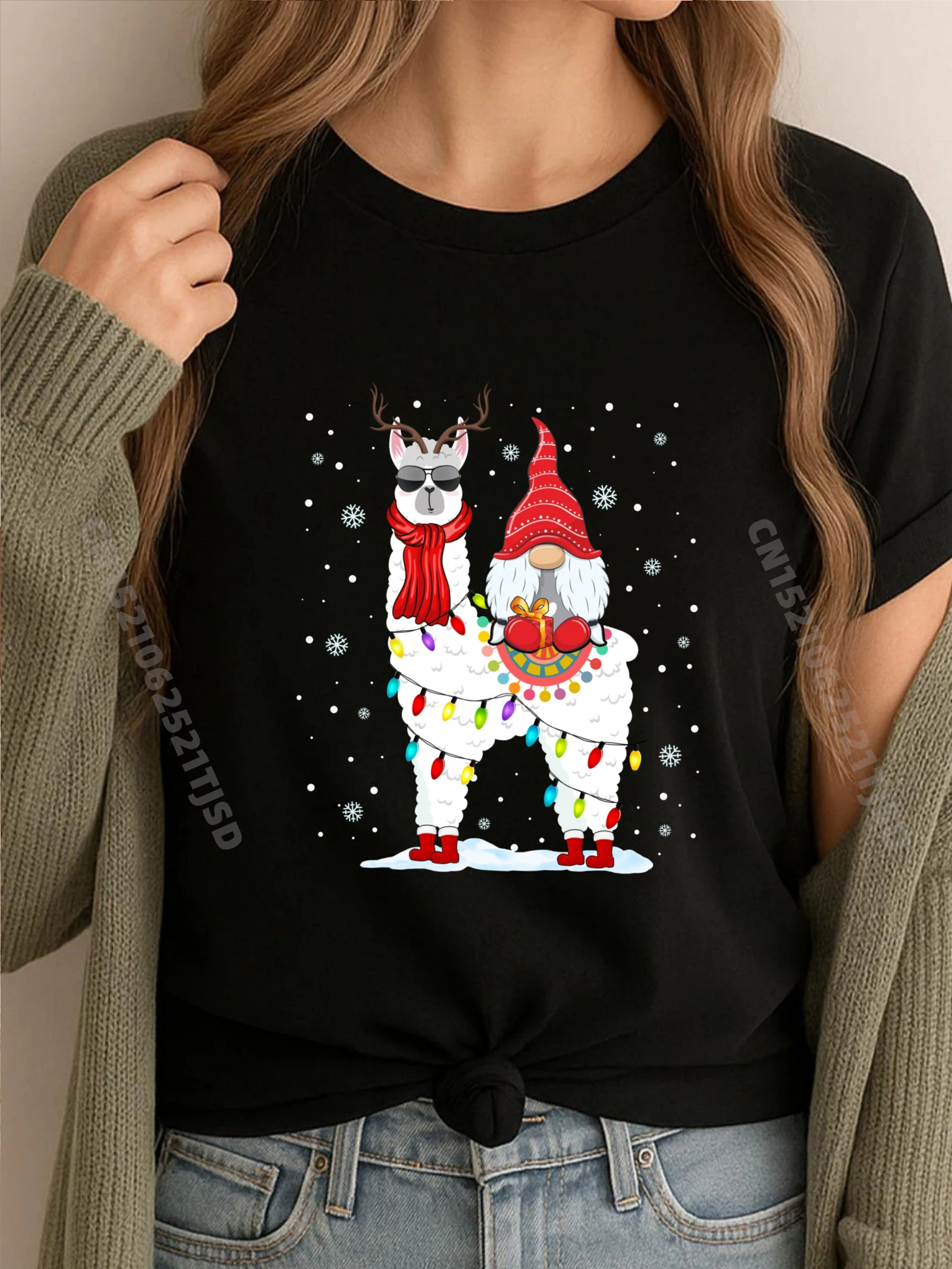 

Santa Gnomes Riding Llama Reindeer Christmas Lights Grey Shirt Graphic Tee Cheap Printing