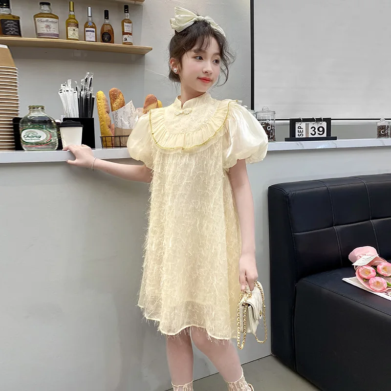 

Girls Summer Dress Summer 2024 Princess New Foreign Style Children New Chinese Super Fairy Bubble Sleeve Simple Casual