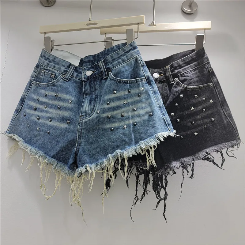 Rivet Women's Denim Shorts 2026 Summer New Low-rise Zipper Spicy Girls Fringed Hot Pants Black Trend A-line Wide Leg Pants