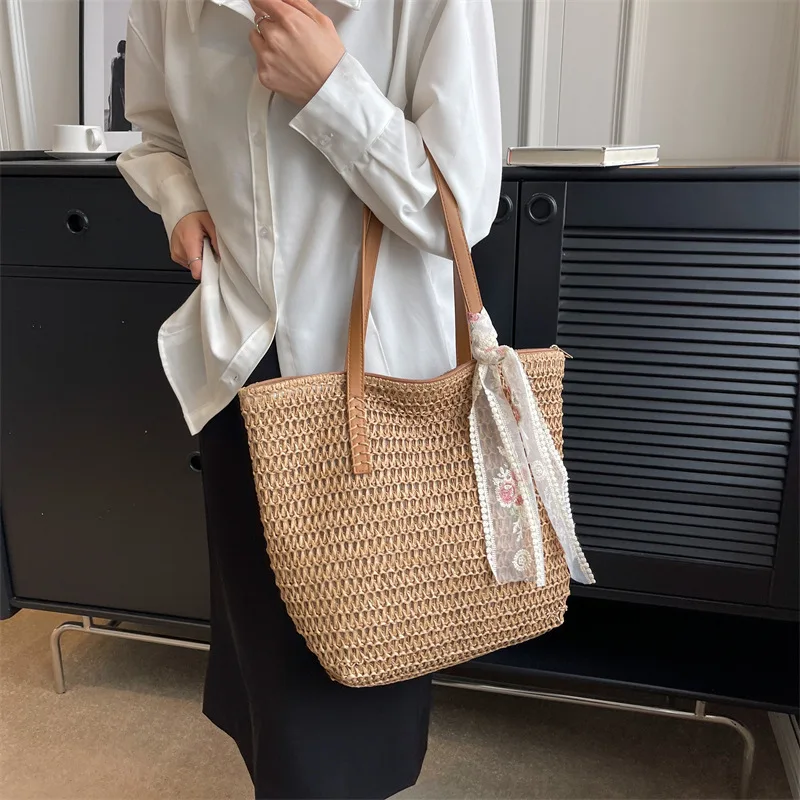 Yogodlns Vintage Women Woven Shoulder Bag Solid Color Lace Ribbon Tote Handbags Wicker Boho Straw Bag for Beach Handle Beige Bag