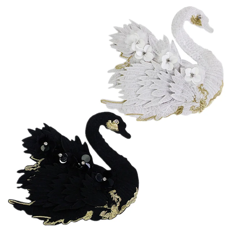 1PCS Große perlen blume schwarz und weiß swan stickerei tuch stick kleidung dekorative accessoires mode stick patch stick DIY