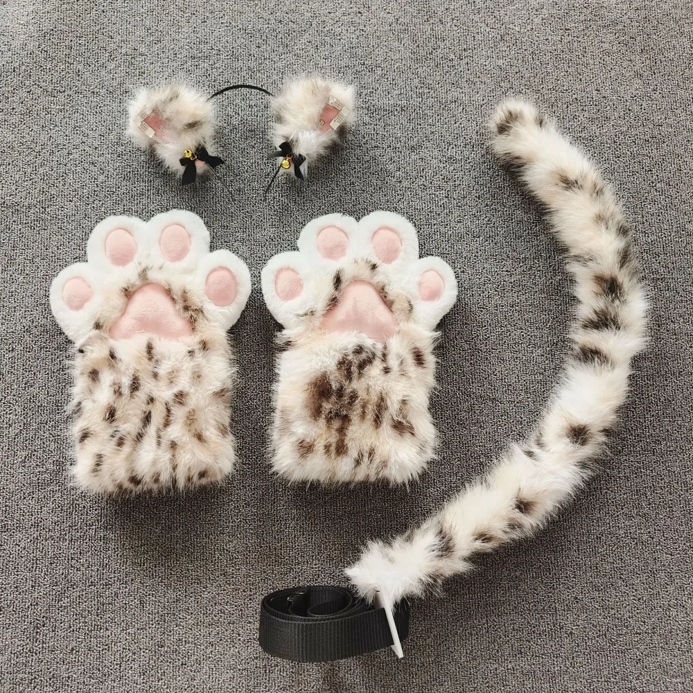 Archi Handwork Cat Leopard Ears Headband Tail Paw Gloves Set Furry Fursuit Plush Headwear Tail Cosplay  Accessories Props
