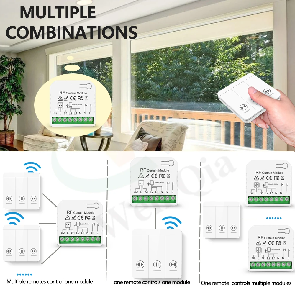 433Mhz Wireless Blind Electric Curtain Motor Switch 50M Remote Control Connected Roller Shutter Switch Blinds for Windows