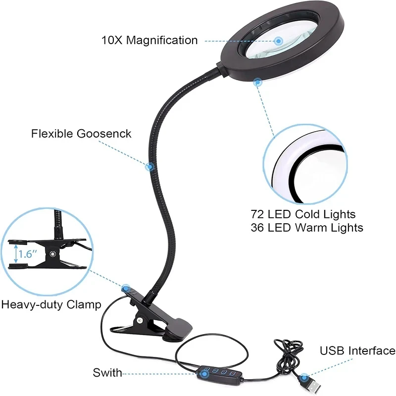 10X Magnifying Glass with 3 Color Modes LED Lighted Desk Lamp with Metal Clamp Flexible Gooseneck Magnifier for Reading Nail Art view 4