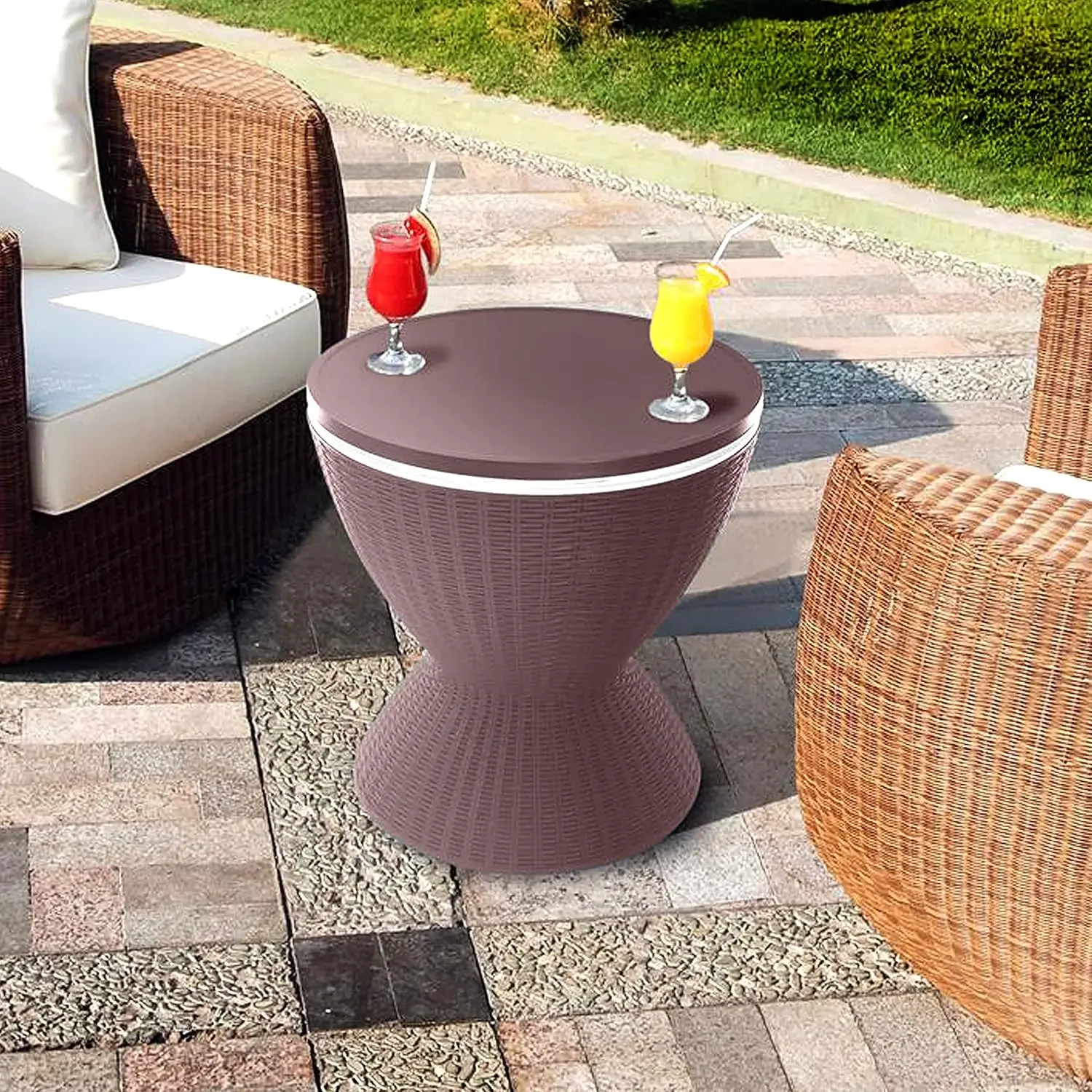 Outdoor Cool Bar Table, 7.5 Gallon Beer Patio Furniture  Beverage Cooler, All-Weather Resistant Ice Cool Bar, Rattan Style Patio