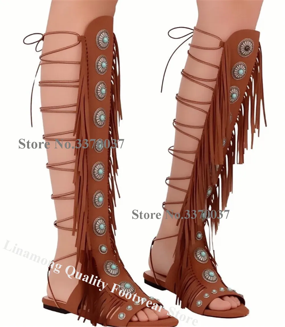 Linamong Red Brown Black Suede Tassels Rhinestones Flat Gladiator Boots Open Toe Lace-up Fringes Long Sandals view 4