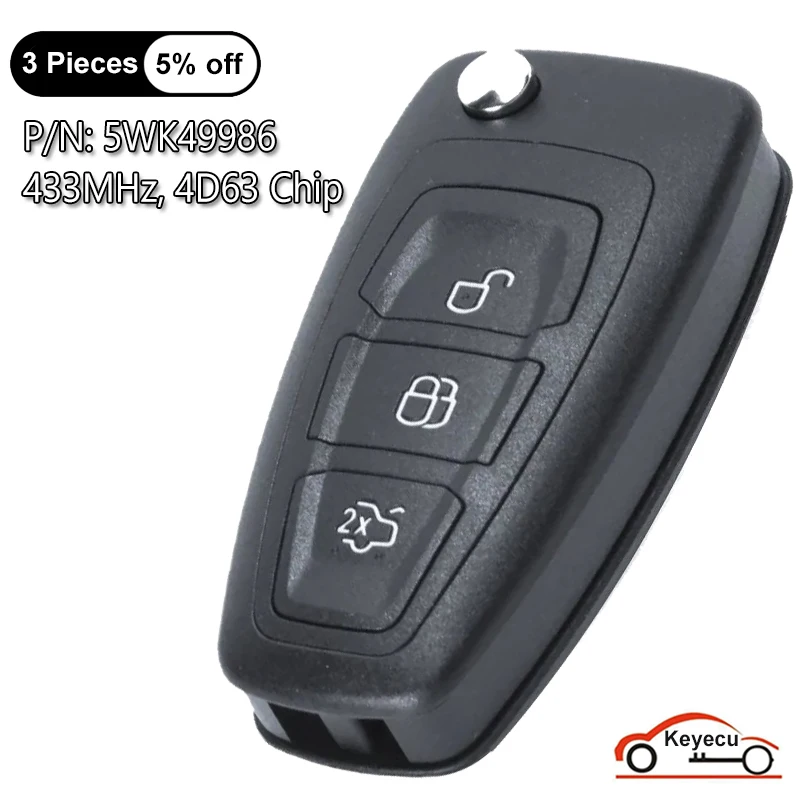 

KEYECU 3 Buttons 433MHz 4D63 Chip for Ford Mondeo Focus C-Max Grand Galaxy S-Max Auto Flip Remote Control Key Fob P/N: 5WK49986