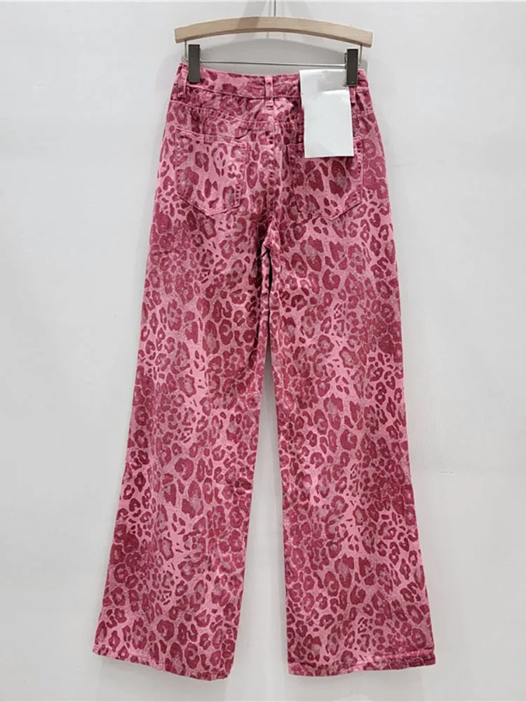 DEAT Women\'s Denim Pants High Waist Straight Full Length Pink Leopard Printed Loose Jeans 2024 Autumn New Fashion 11XX9127