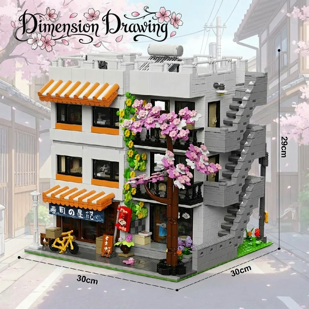 3911PCS Sushi Shop Apartment Building Blocks Set Japanese Street View House Cherry Blossom Architecture Modular Model Kit with 5 Figuren and LED Lighting DIY Assembly Bricks Toys for Adults Gift Desktop Ornament Collection Display Home Decortion