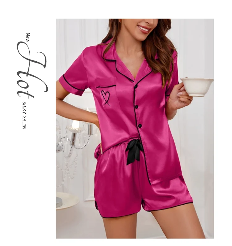 Damen-Pyjama-Lounge-Set, herzgestickte Tasche, Heimkleidung, Sommer-Kurzarmshirt und Shorts, Pyjama, 2-teiliges Set, Pyjama – Detail 8