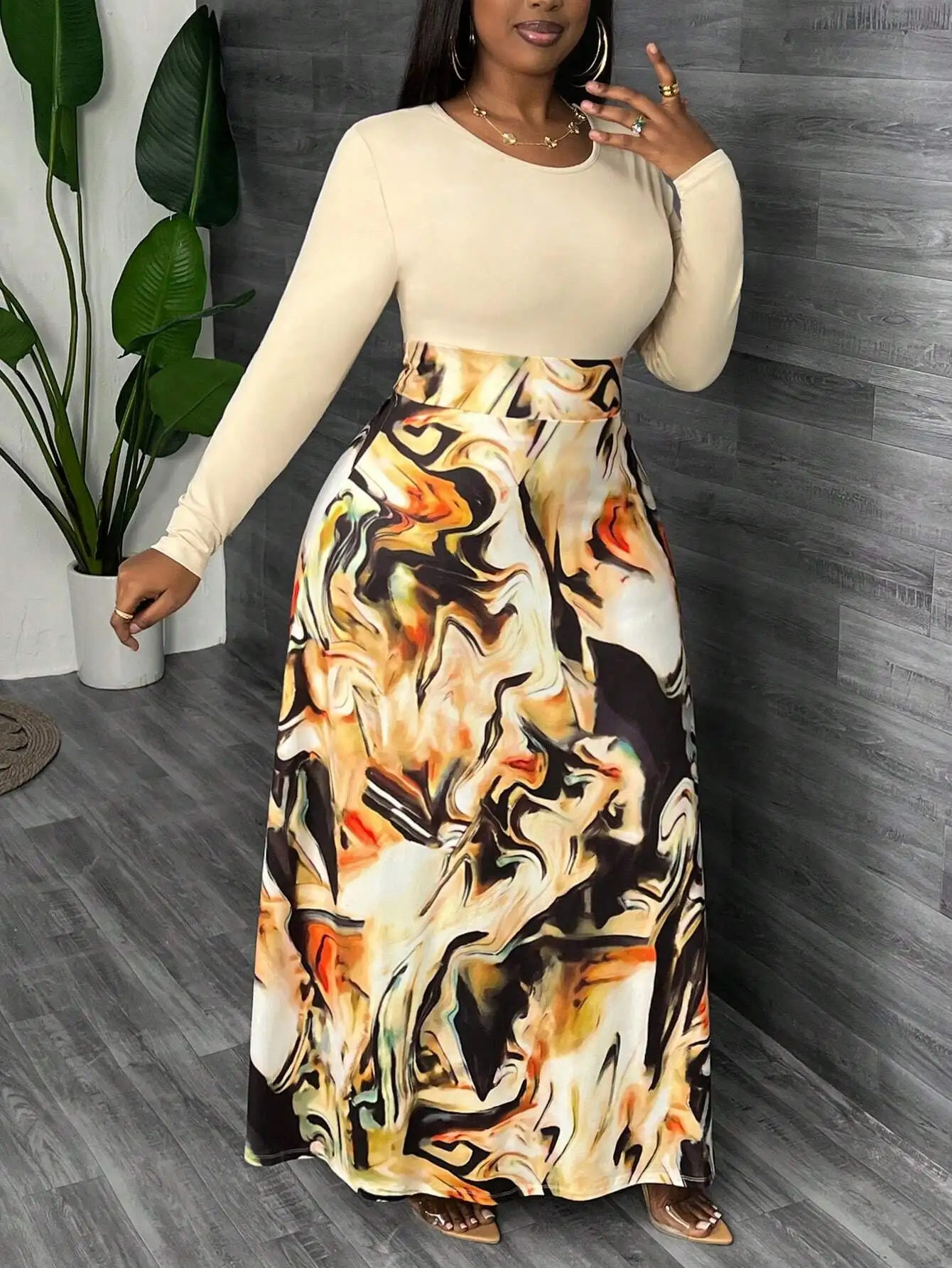 

Plus Size Elegant Casual Solid Top Long Sleeve Printed A-Line Maxi Dress For Autumn Winter