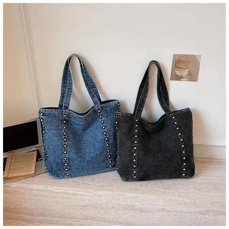 Retro Style Women's Denim Tote Bag Large Capacity Rivet Decor Soft Handbag for Daily Commute Shopping