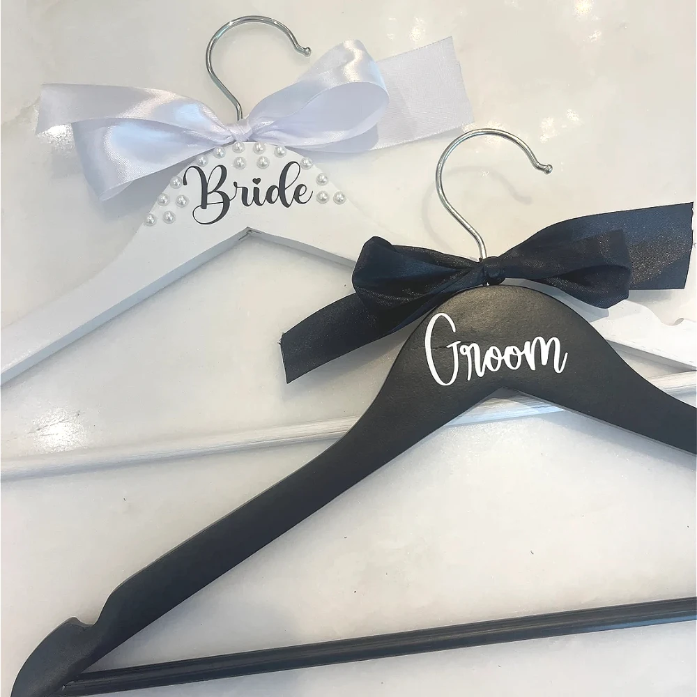 

Set of 2 Black White Bride Groom Pearl Letter Hangers Wedding Wood Hangers for Bridal Dress Bachelorette Party Decor Groom Gift