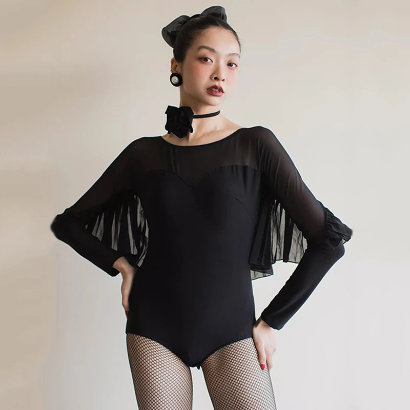 

2025 Black Ballroom Dance Bodysuit Standard Waltz Dance Costume Women Tango Modern Dance Tops Practice Dancewear Leotard AMY1382