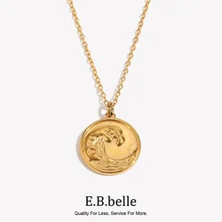 E.B.belle Tarnish Free Stainless Steel 18k Gold Plated Golden Sea Wave Necklace Stereoscopic Coin Necklaces For Women