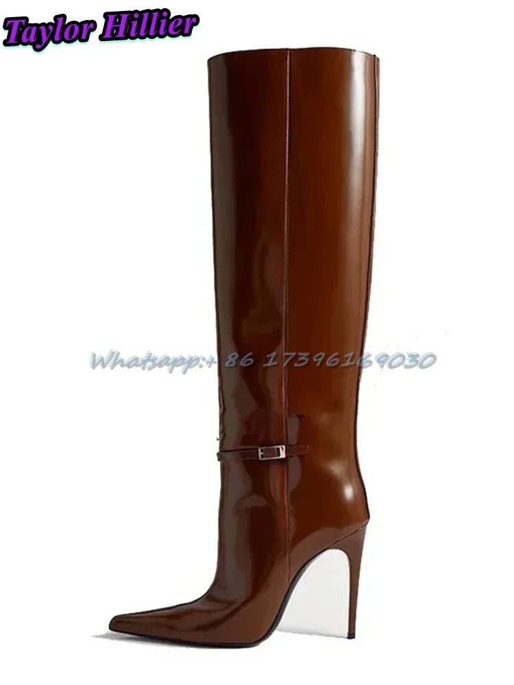 البني براءات الاختراع والجلود الأحذية النمط البريطاني بوتاس أشار تو الكعوب خنجر حجم كبير الركبة عالية مشبك طويل جودة عالية حجم 47 #3