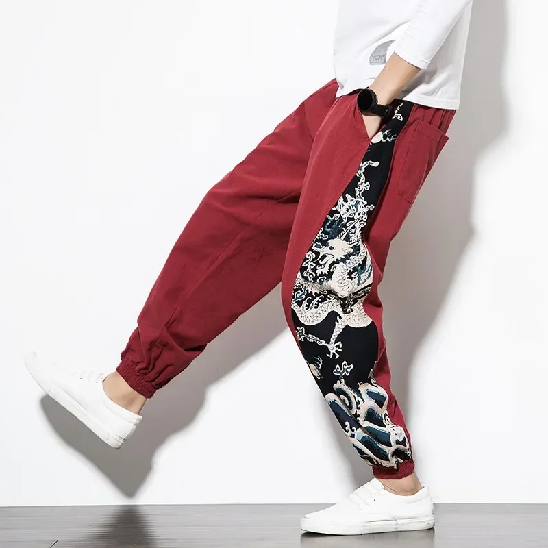 

Japanese Fashion Kimono Print Pants Asian Costume Casual Long Pants Kimono Yukata Men's Harem Pants Trousers Side Print