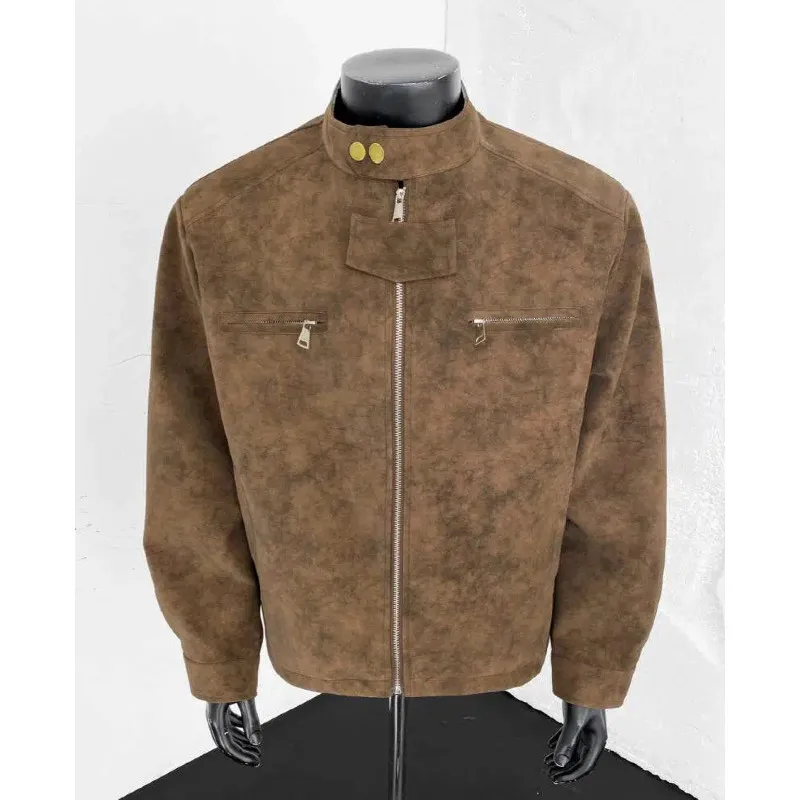 

American Sle Retro PU Leather Biker Jaet Loose Casual Stand Collar Men's Outerwear Windproof Zipper Closure No Hat