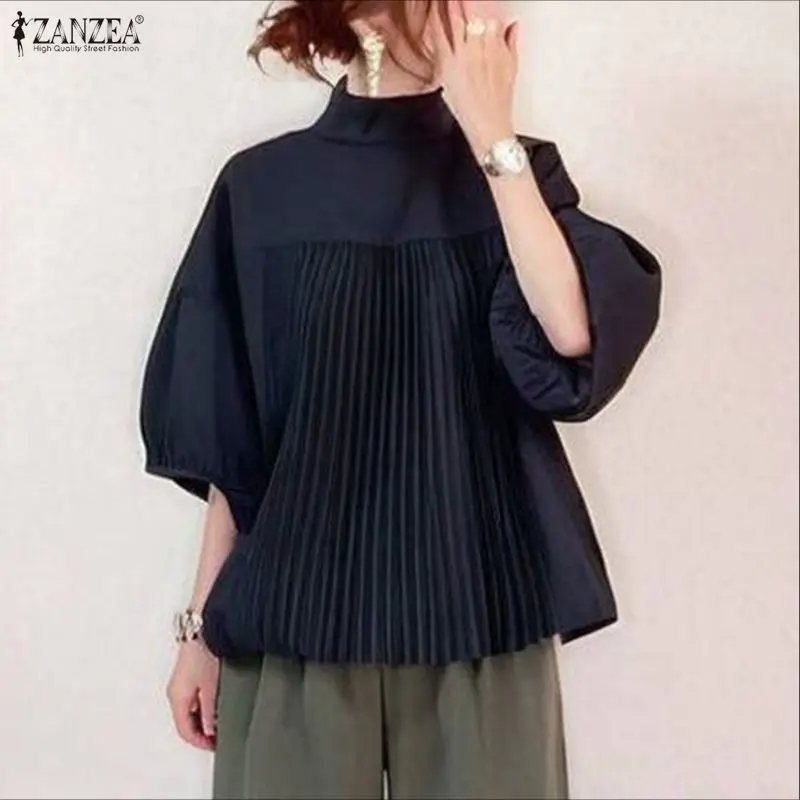 ZANZEA Damesmode Blouse Zomer Stand Kraag Half Lantaarn Mouw Casual Geplooide Tops Losse Shirts Elegant Office Lady Blusas