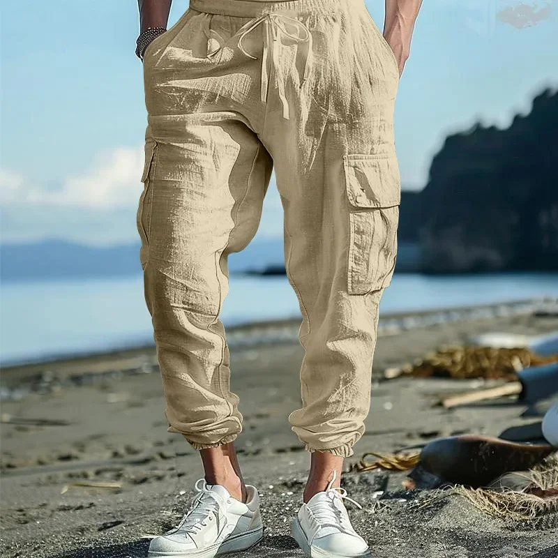 

Nine-inch Pants For Men New Spring And Autumn Style With Multiple Pockets And Drawstring Legs Solid Color Loose Drawstring Pants