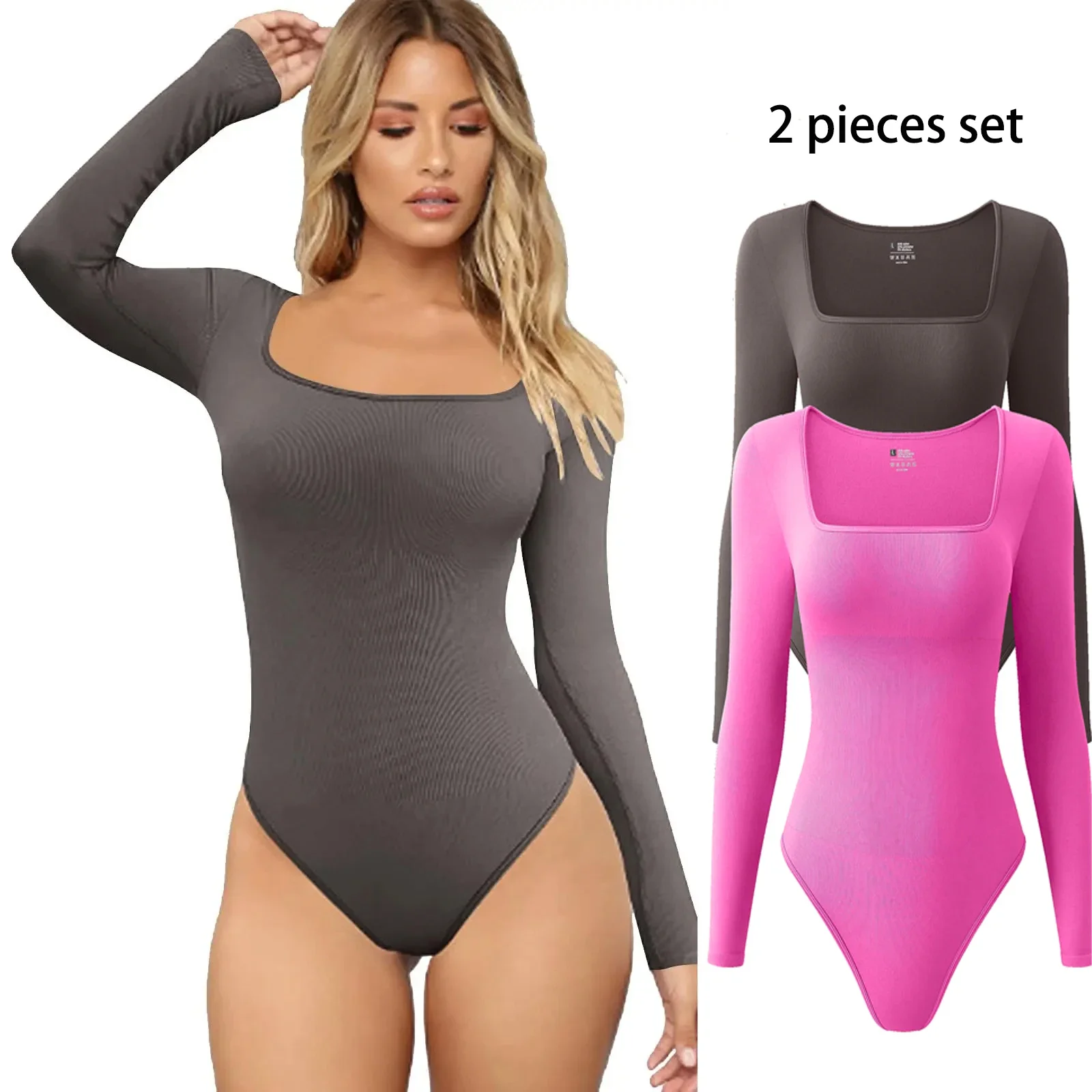 Women's Ribbed Bodysuits Basic 2 Pieces set Thong Jumpsuits Square Neck Long Sleeve Yoga Exercise Workout Playsuits