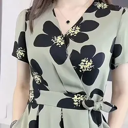 Fashion Floral Printed Dresses Casual V-Neck Waist Folds Elegant A-Line Bandage Summer Women's Clothing Short Sleeve Midi Dress