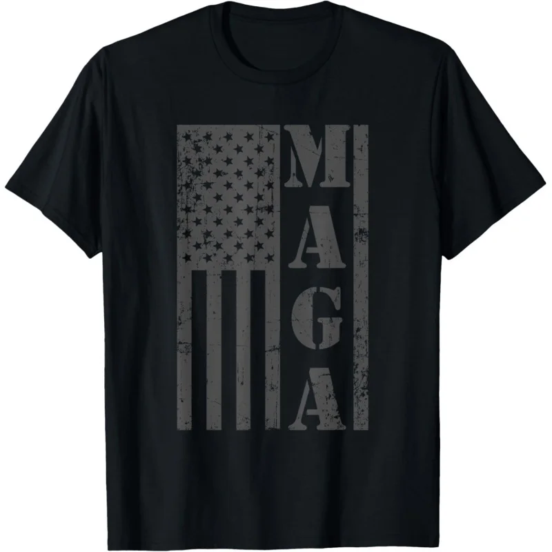 

MAGA Flag Patriotic Gray Distressed American Flag T-Shirt Loose men's and women's clothing