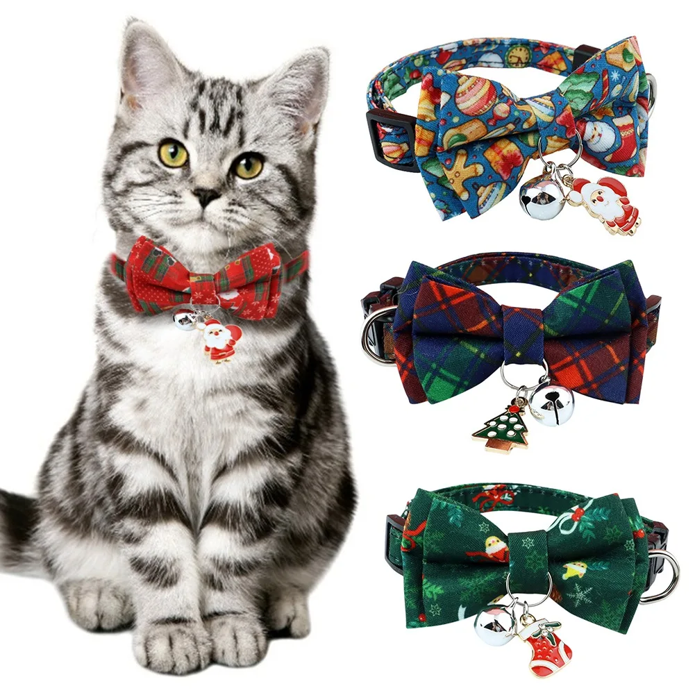 Christmas Cat Collar Breakaway with Bell Bow Tie 1 Pack Nylon Adjustable Kitten Collars Holiday Outfit Dressing Up Necklace